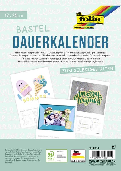 Folia  Dauerkalender mit Spiralbindung 220g/m², 17x24cm, Papier weiß, Druck schwarz