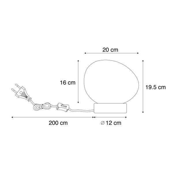 Maßzeichnung einer eiförmigen Tischleuchte mit Abmessungen von 20 mal 19,5 Zentimetern und einem 200 Zentimeter langen Kabel mit Schalter.
