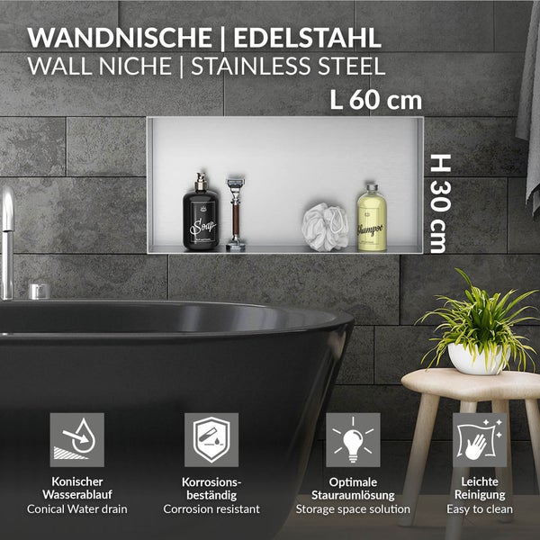 LuxeBath Wandnische aus Edelstahl, 60x30x10 cm, Silber, Duschnische, Randlos, Einbauregal, Flexibler Einbau, Befliesbare Nische für Badutensilien, Duschablage, Einzelregal, Lagerung für Badezimmer