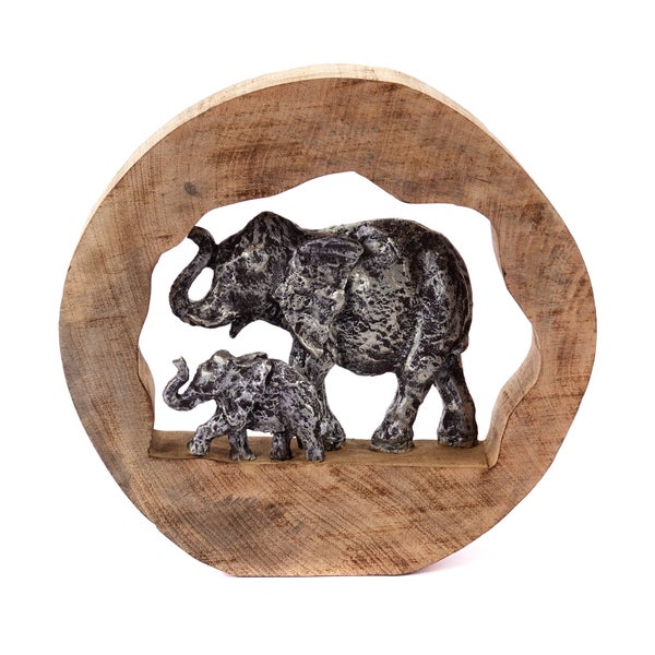 Skulptur Log Elephants Mangoholz, Aluminium silber-natur