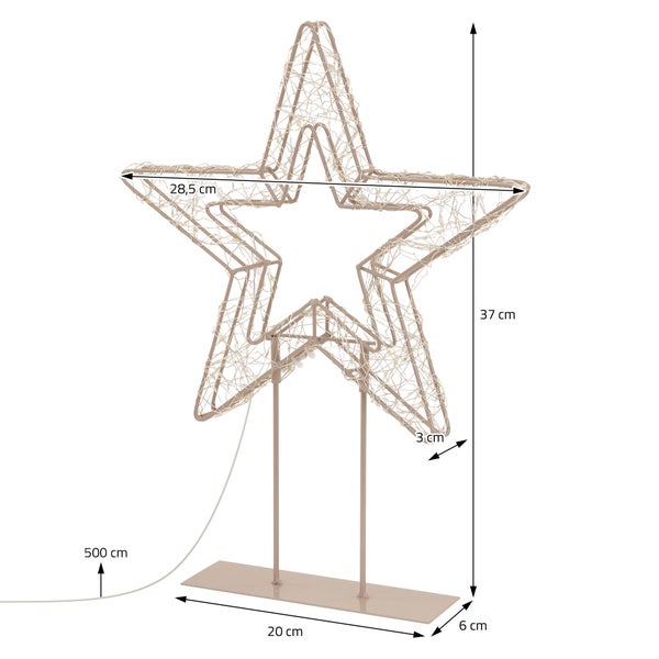 LED Stern zum Aufstellen mit Metallrahmen und Drahtlichterkette, Gesamthöhe 37 Zentimeter, mit Maßangaben.