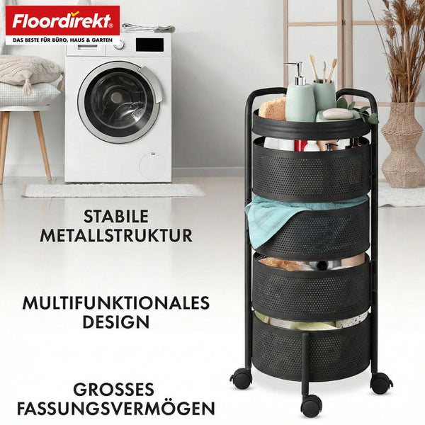 Dreistöckiger, runder Servierwagen aus Metall mit Rollen im Badezimmer neben einer Waschmaschine