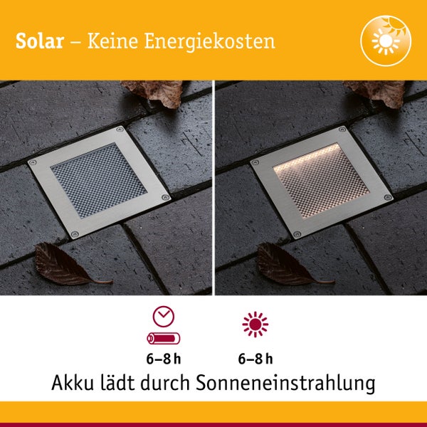 Quadratische Solar-Bodenleuchte aus Edelstahl in Pflastersteinen, mit sechs bis acht Stunden Ladezeit und Leuchtdauer.