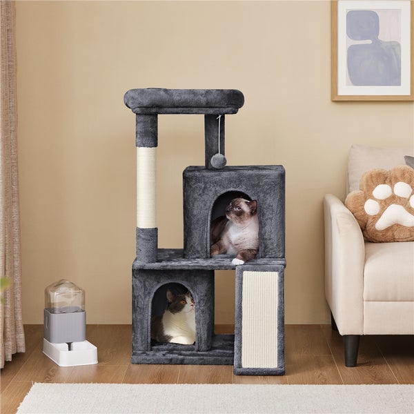 Katzenkratzbaum mit zwei Katzen und Katzenbrunnen