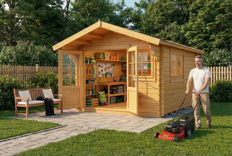 Offenes Gartenhaus aus hellem Holz mit Regalen und Werkzeug, daneben eine Gartenbank und ein Mann beim Rasenmähen auf einer grünen Wiese.