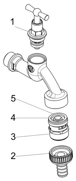 Explosionszeichnung einer Wasserarmatur mit nummerierten Einzelteilen von eins bis fünf.