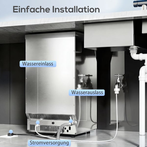 Edelstahl-Unterbaugerät unter einer Spüle mit markiertem Wassereinlass, Wasserauslass und Stromversorgung für eine einfache Installation.