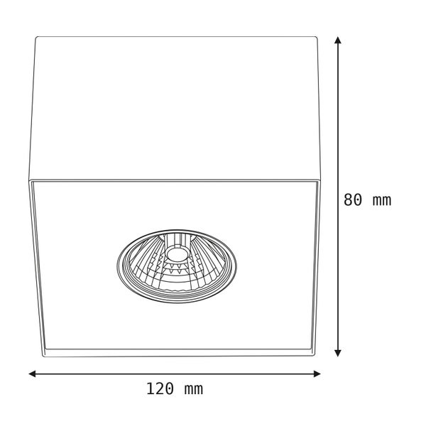 Technische Zeichnung eines quadratischen Deckenstrahlers mit Maßen: Breite 120 Millimeter und Höhe 80 Millimeter.