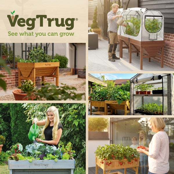 Collage zeigt verschiedene Personen bei der Gartenarbeit mit VegTrug Hochbeeten und Gewächshäusern aus Holz auf Terrassen und in Gärten.