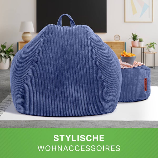 Green Bean 2er Set Indoor XXL Sitzsack + Pouf mit EPS-Perlen Füllung - Fußhocker Fußkissen Hocker Bodenkissen Liegekissen Sitzkissen Lounge Chair - Dunkelblau