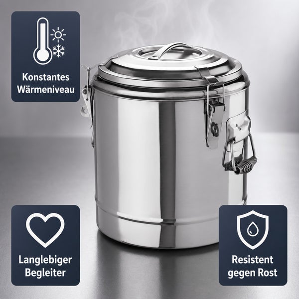 Edelstahl Thermobehälter mit Deckel und Schnappverschlüssen für konstante Temperatur, langlebig und rostfrei.