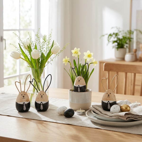 Osterdekoration mit drei Hasenfiguren aus Holz in Anzugoptik, Frühlingsblumen in einer Vase und im Topf sowie Ostereiern auf einem Holztisch.