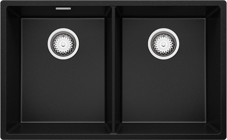 PRIMAGRAN Spülbecken Schwarz 76x47cm, Granitspüle 2 Becken + Ablauf-Set, Küchenspüle ab 80er Unterschrank - London Slim Twin