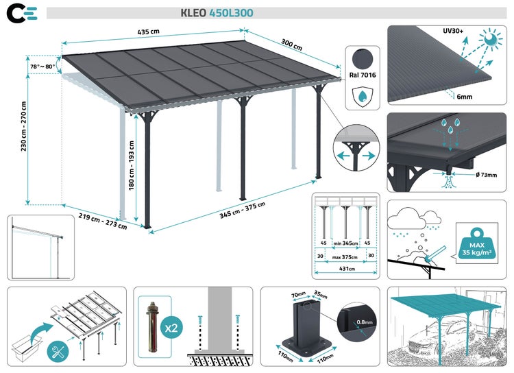 Terrassenüberdachung garten alu Grau KLEO - Höhe verstellbar 435x300x225/270 cm - mit Polycarbonat Dach Grau halbtransparent 6mm Auch Pergola/Carport
