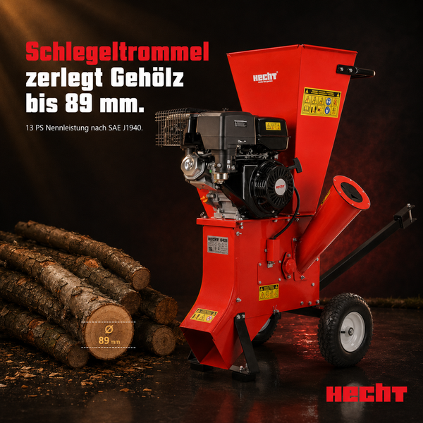 Hecht Holzhäcksler mit Benzinmotor, 13 Pferdestärken, großem Einfülltrichter und Rädern, zerkleinert Äste bis zu 89 Millimeter. Hecht Logo.