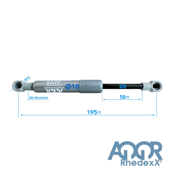 Gasdruckfeder von Rhedexx mit 100 Newton, Gesamtlänge 195 Millimeter, Hub 58 Millimeter, M6 Gewinde und 10 Millimeter Augenbefestigung.