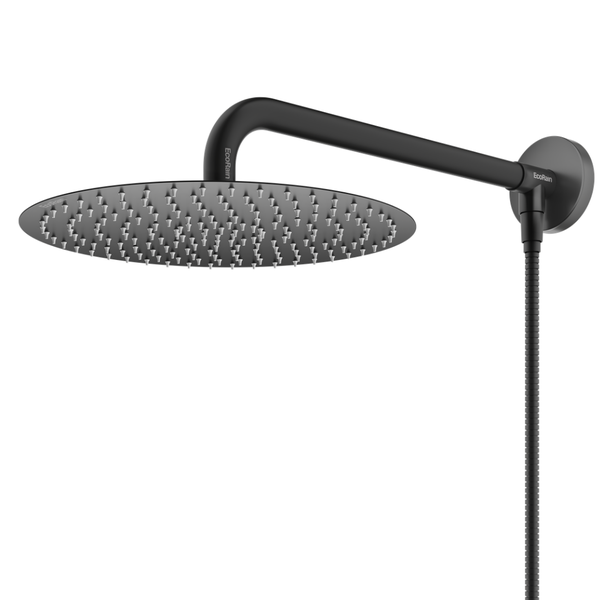 EcoRain Wassersparender Regen Duschkopf Tyler 20 CM Schwarz mit Duscharm und Schlauchanschluss - 30% Wassereinsparung -Wassersparender Kopfbrause- Rund - Universal - Verbrühungsschutz-Duschkopf