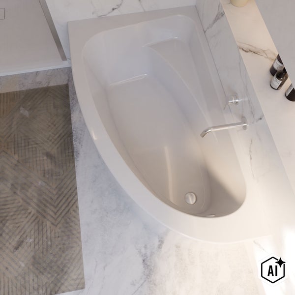 Eckbadewanne in einem modernen Badezimmer mit Marmorfliesen und Unterputzarmatur in der Vogelperspektive.