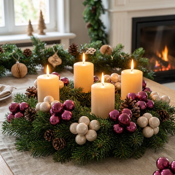 Weihnachtlicher Adventskranz aus Tannenzweigen mit vier brennenden Stumpenkerzen, dekoriert mit Zapfen und Weihnachtskugeln auf einem Tisch.
