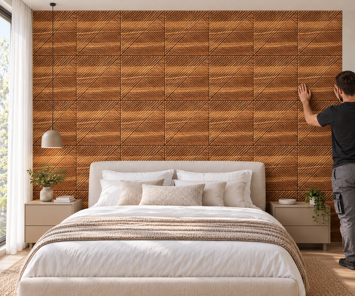 Ein Mann montiert quadratische Wandpaneele aus Holz mit diagonalem Rillenmuster als Wandgestaltung in einem modern eingerichteten Schlafzimmer.