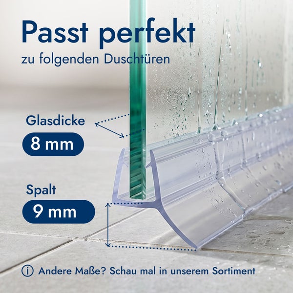 Duschdichtung für 8 Millimeter Glasdicke und 9 Millimeter Spaltmaß an einer Duschglastür.