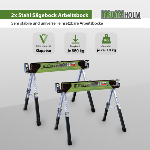 Set aus zwei klappbaren Trutzholm Arbeitsböcken aus Stahl mit einer Tragkraft von je 650 Kilogramm und einem Gewicht von je circa 10 Kilogramm.