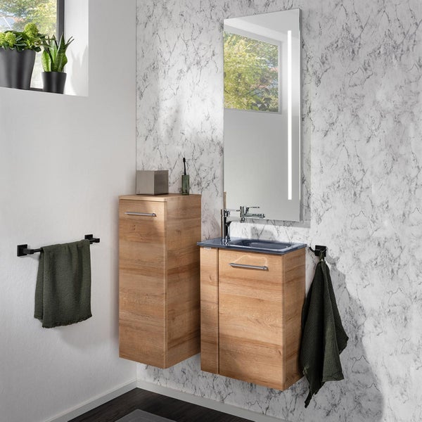 Fackelmann MILANO Gäste-WC Set 2 Teile – Waschtischunterschrank in Holz Braun mit Waschbecken aus Glas in Anthrazit – SBC Waschbeckenunterschrank schmal – Türanschlag rechts – 45 cm breit