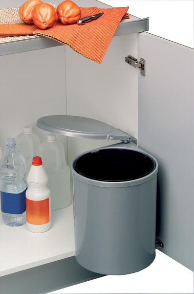Einbauabfallsammler für Küchenschrank mit schwenkbarem Mechanismus und Kunststoffbehälter zur einfachen Montage an der Möbeltür.