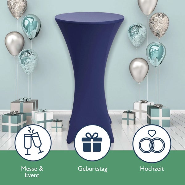 Stehtisch mit Stretchhusse, umgeben von Ballons und Geschenken