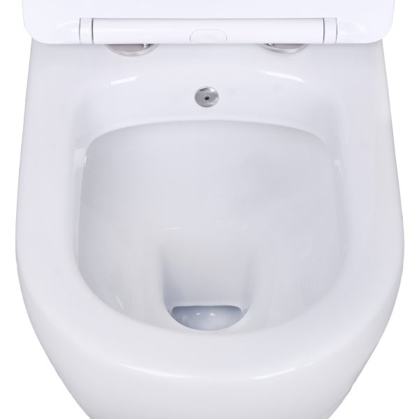 Draufsicht auf ein weißes, spülrandloses WC-Becken aus Keramik mit integrierter Düse.