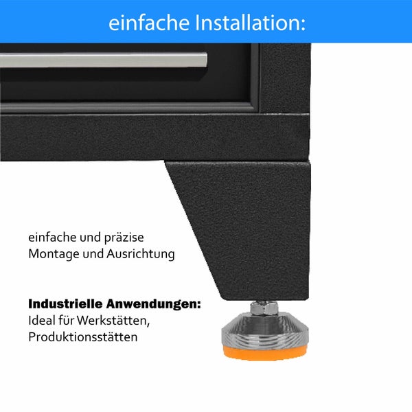 Stellfuß zur einfachen Montage und Ausrichtung an Werkstattmöbeln für industrielle Anwendungen.