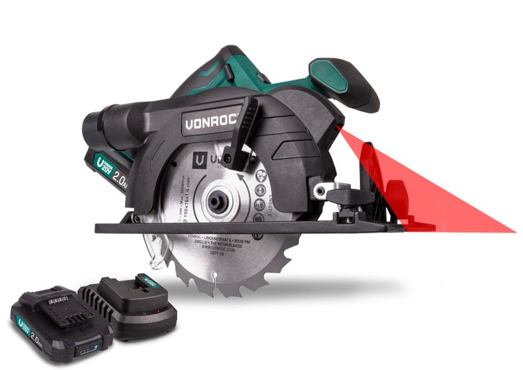 VONROC Handkreissäge Akku 20V - Akku Kreissäge 150mm, Säge inkl. Laserführung & Staubabsaugung - Mit 2x2Ah Akku und Ladegerät - inkl. 2 Sägeblätter