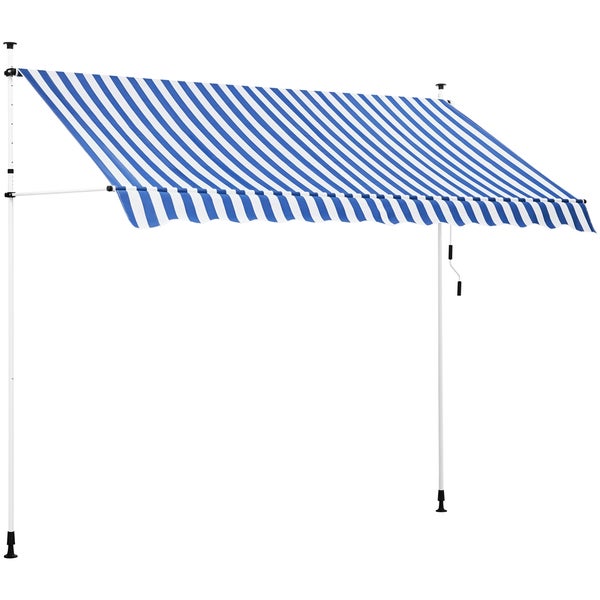 Markise mit blau-weiß gestreiftem Stoff und Stützpfosten