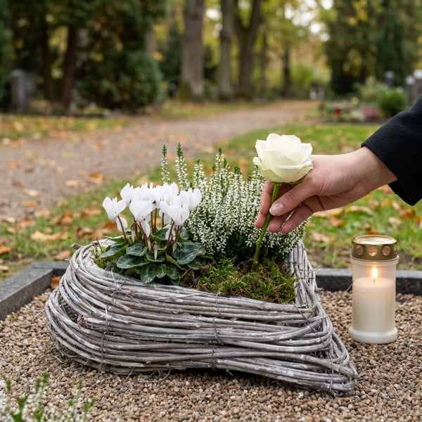 Hand legt eine Rose in ein mit Alpenveilchen und Heidekraut bepflanztes herzförmiges Weidenkörbchen auf einem Friedhof mit Grablicht