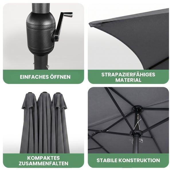 Sonnenschirm über einem Bistrotisch und zwei Stühlen im Garten, dargestellt als regenbeständig und beständig gegen ultraviolette Strahlung.