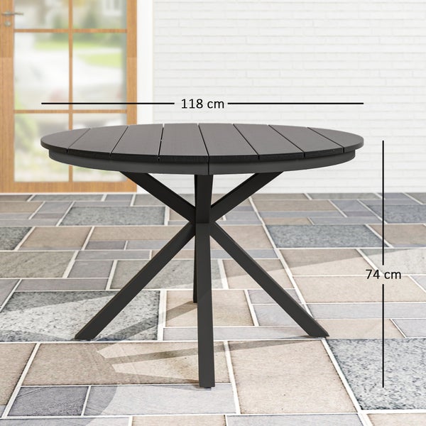 Runder Gartentisch mit dunkler Lattenoberfläche und Metallgestell, Durchmesser 118 Zentimeter, Höhe 74 Zentimeter.