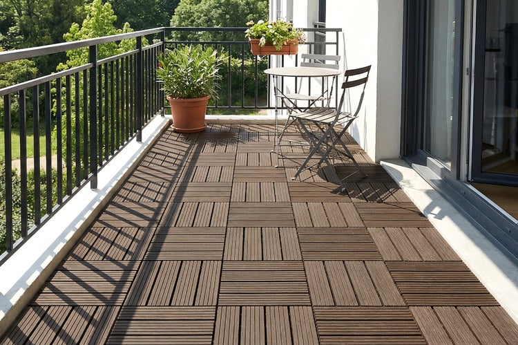 Balkon mit Bodenbelag aus Holzfliesen, dazu ein kleiner runder Metalltisch und zwei passende Stühle vor einer Hauswand.