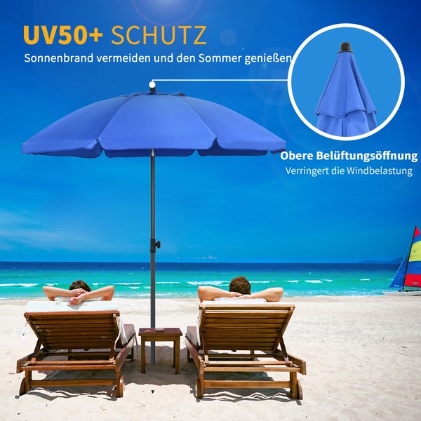 Outsunny Sonnenschirm Strand Ø180 cm UV 50+ windfest stabil Strandschirm mit UV-Schutz sturmfest Balkon-Schirm faltbarer Gartenschirm sicherer Sonnenschutz für Reisen Strand Balkon Camping Blau