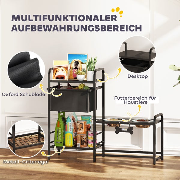 Multifunktionales Haustierregal aus Metall mit Oxford-Schublade, Gitterregal und integrierter Futterstation für zwei Näpfe.