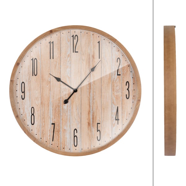ECD Germany Große Wanduhr Ø 76cm rund mit Arabische Ziffern, Dekorative Uhr aus MDF-Holz und Glas, Fichtenoptik, Design Uhr im Vintage-Stil, Leisem Uhrwerk, geräuschlos, Analoge Wanduhr für Wohnzimmer