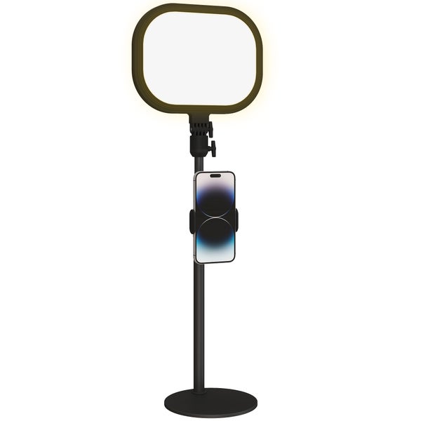 Ringlicht mit Stativ und den Maßen 23 x 18 x 15 Zentimeter sowie einer variablen Höhe von 27 bis 47 Zentimeter.