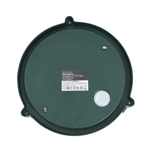 Rückseite einer runden Wandleuchte mit technischem Etikett für Spritzwasserschutz IP44, CE Kennzeichnung und Löchern zur Montage.