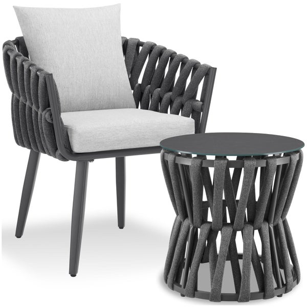 Gartensessel und Beistelltisch mit Kordelgeflecht und Glasplatte