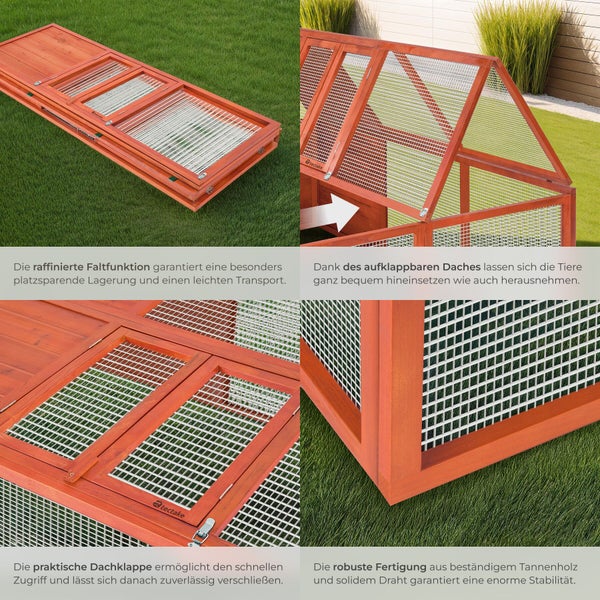Tectake Kleintierstall aus Tannenholz mit Faltfunktion, aufklappbarem Dach und Drahtgitter für eine sichere Haltung im Garten.