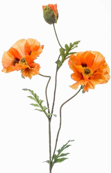 Künstlicher Mohnzweig mit zwei orangefarbenen Blüten, einer Knospe und grünen Blättern.