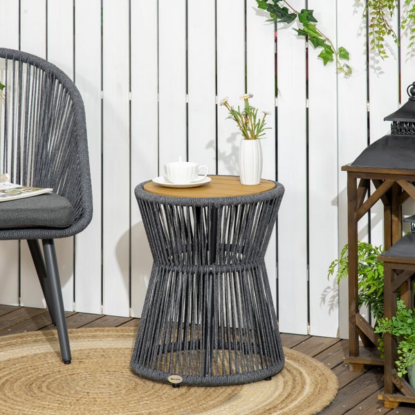 Outsunny Ratten Beistelltisch, Kaffeetisch mit Kunststofftischplatte, verstellbaren Füßen, 39L x 39B x 49H cm, Alu, Dunkelgrau+Natur