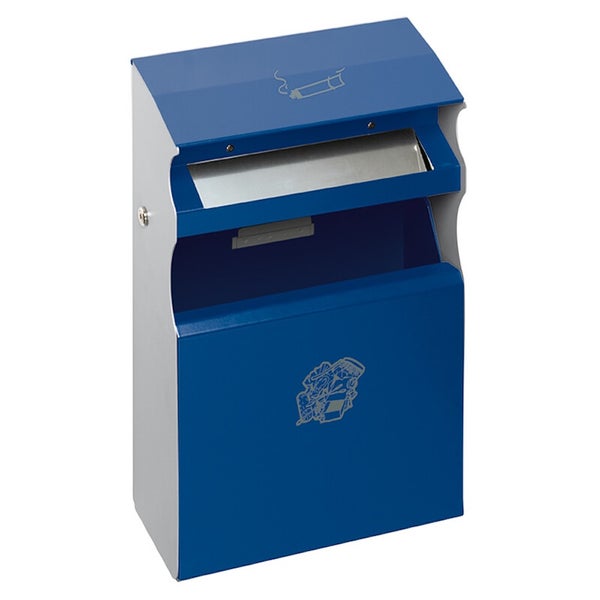 Blauer Wand-Kombiascher und Abfallbehälter aus Metall mit Zigaretten- und Müllsymbol.