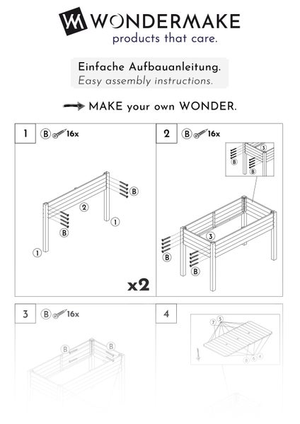Aufbauanleitung für ein Hochbeet von Wondermake, zeigt die einzelnen Montageschritte.