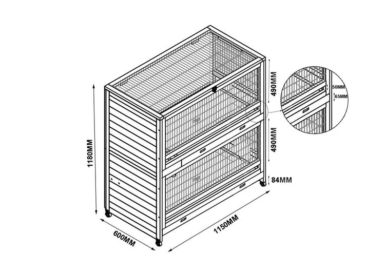 Technische Zeichnung eines Doppelstock-Kleintierstalls mit Maßen: 1150 Millimeter breit, 600 Millimeter tief, 1180 Millimeter hoch, mit Rollen.