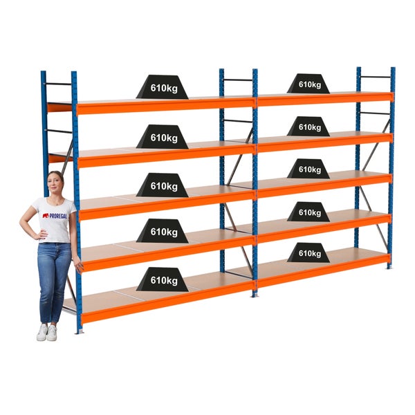 Schwerlastregal mit acht Böden und einer Traglast von 610 Kilogramm